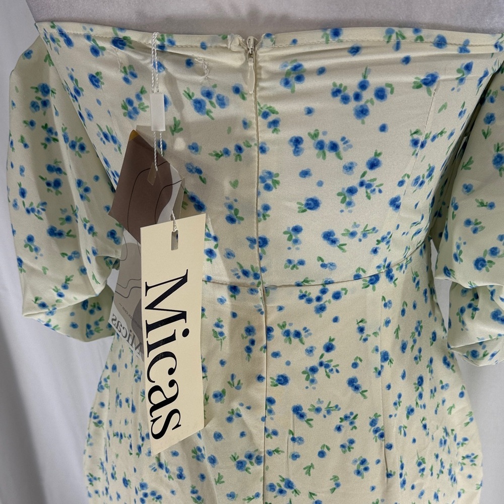 Micas Off-Shoulder Floral Maxi Dress Cream Blue M NWT - Picture 8 of 9